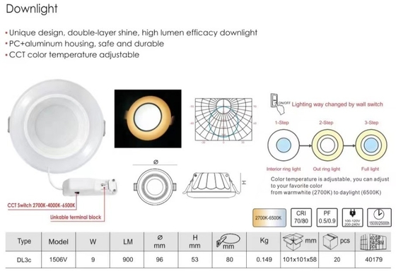 100lm/w 3-Step 2700K-6500K Illuminazione interna Muare Recesseini Traccia Parete Lavatrice Spotlight Led Downlight soffitto Recessed Cob Down Light